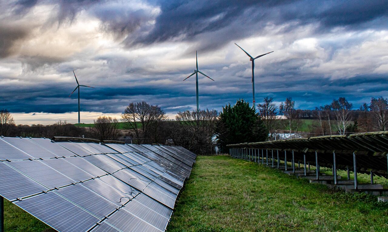 solar panel, solar energy, pinwheels, renewable energy, green power, energy transition, nature, solar park, photovoltaic, clouds, autumn sky, power generation, environment, environmentally friendly